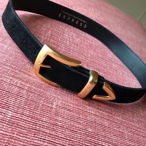 Express velvet black belted this gold accent